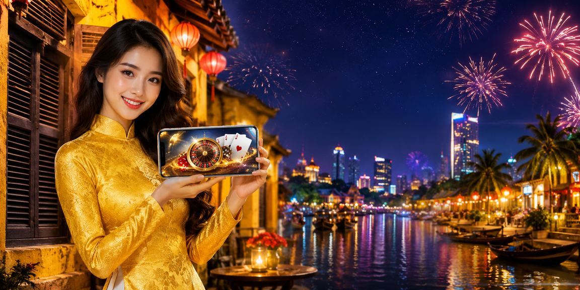 Phụ nữ Việt Nam mặc áo dài chơi mobile casino tại Hội An